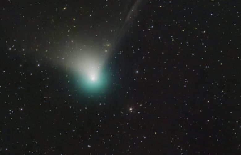 This photo provided by Dan Bartlett shows comet C/2022 E3 (ZTF) on Dec. 19, 2022. It last visited during Neanderthal times, according to NASA. It is expected to come within 26 million miles (42 million kilometers) of Earth on Feb. 1, 2023, before speeding away again, unlikely to return for millions of years. (Dan Bartlett via AP) NY325 NY325