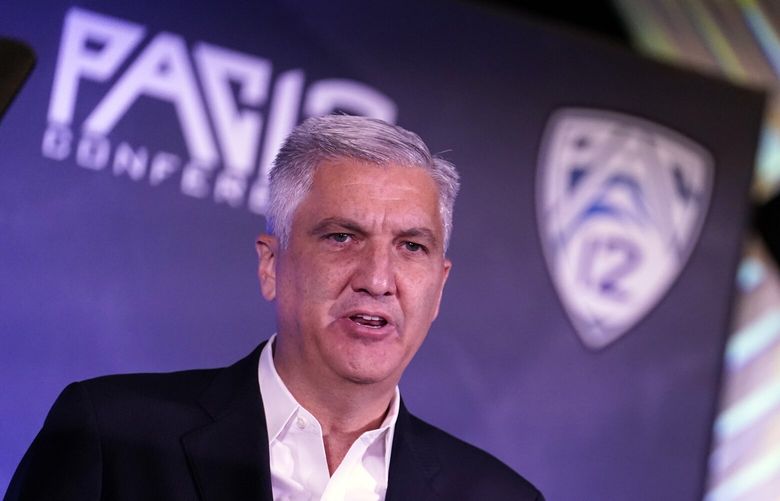 Pac-12 Commissioner George Kliavkoff speaks during the Pac-12 Conference NCAA college football Media Day Tuesday, July 27, 2021, in Los Angeles. (AP Photo/Marcio Jose Sanchez)