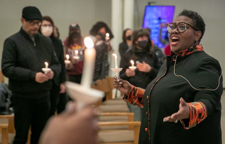 Rev. Dr. Kelle Brown leads a candlelight vigil for Tyre Nichols Saturday night, January 28, 2023, at Plymouth Church in Seattle.