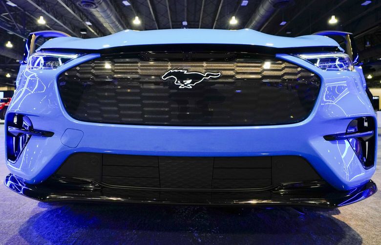 The Ford Mustang Mach-E displayed at the Philadelphia Auto Show, Friday, Jan. 27, 2023, in Philadelphia. (AP Photo/Matt Rourke)