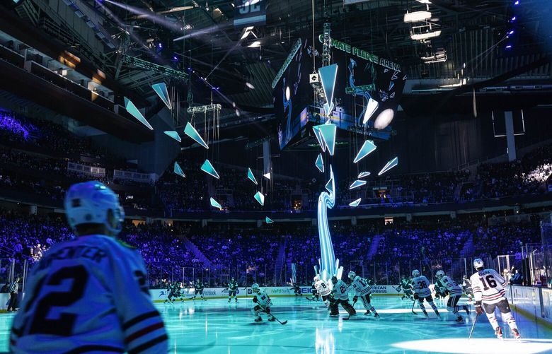 A light display is part of the Kraken’s new pregame entertainment.

The Chicago Blackhawks played the Seattle Kraken Monday, January 17, 2022 at Climate Pledge Arena, in Seattle, WA. 219270