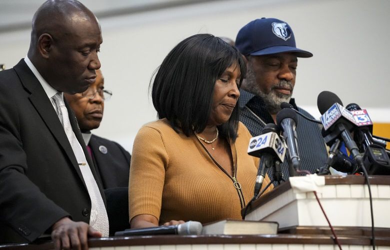 RowVaughn Wells, the mother of Tyre Nichols, and his stepfather, Rodney Wells, right, speaks at Mt. Olive Cathedral Church in Memphis, Tenn., on Jan. 27, 2023. The parents of Tyre Nichols, a 29-year-old Black man who died after being beaten by police officers in Memphis, will attend President Biden’s State of the Union address next week, the chairman of the Congressional Black Caucus said on Monday, Jan. 30, 2023. (Desiree Rios/The New York Times) XNYT179 XNYT179