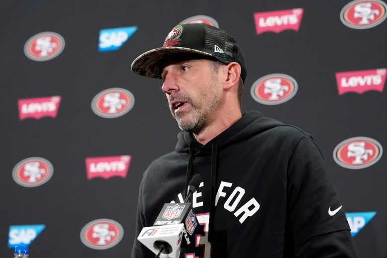 San Francisco 49ers head coach Kyle Shanahan speaks at news