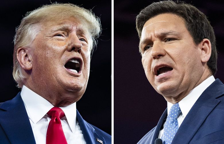 Former president Donald Trump, left, and Florida Gov. Ron DeSantis each spoke at the Conservative Political Action Conference in Orlando last February. MUST CREDIT: Washington Post photo by Jabin Botsford.