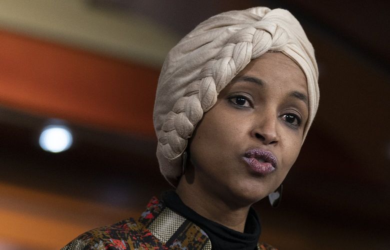 FILE – Rep. Ilhan Omar, D-Minn., speaks during a news conference on Capitol Hill in Washington, Jan. 25, 2023, in Washington. House Republicans are preparing to oust Omar from the House Foreign Affairs Committee. (AP Photo/Manuel Balce Ceneta, File) WX217 WX217