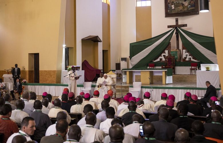 Pope Francis meeting leaders of the Roman Catholic Church at the Cathedral of St. Therese in Juba, South Sudan’s capital, on Saturday, Feb. 4, 2023. On the last full day of his trip to Africa, Francis met with the displaced South Sudanese who have borne the brunt of the conflict he came to help resolve by issuing blunt and insistent calls for leaders to get serious about peace. (Jim Huylebroek/The New York Times) XNYT62 XNYT62