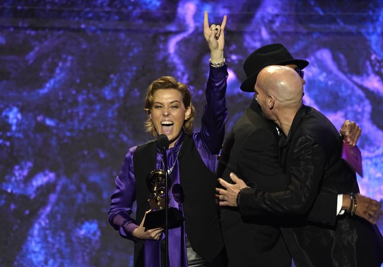 Brandi Carlile gestures onstage while accepting the award for best rock song for “Broken Horses” at the 65th annual Grammy Awards on Sunday, Feb. 5, 2023, in Los Angeles. (AP Photo/Chris Pizzello) CALB105 CALB105 (Chris Pizzello / Chris Pizzello/Invision/AP)
