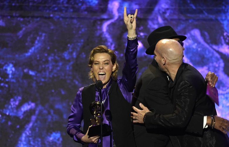 Brandi Carlile gestures onstage while accepting the award for best rock song for “Broken Horses” at the 65th annual Grammy Awards on Sunday, Feb. 5, 2023, in Los Angeles. (AP Photo/Chris Pizzello) CALB105 CALB105