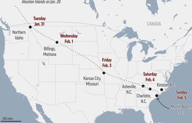 Map shows path of suspected spy balloon.