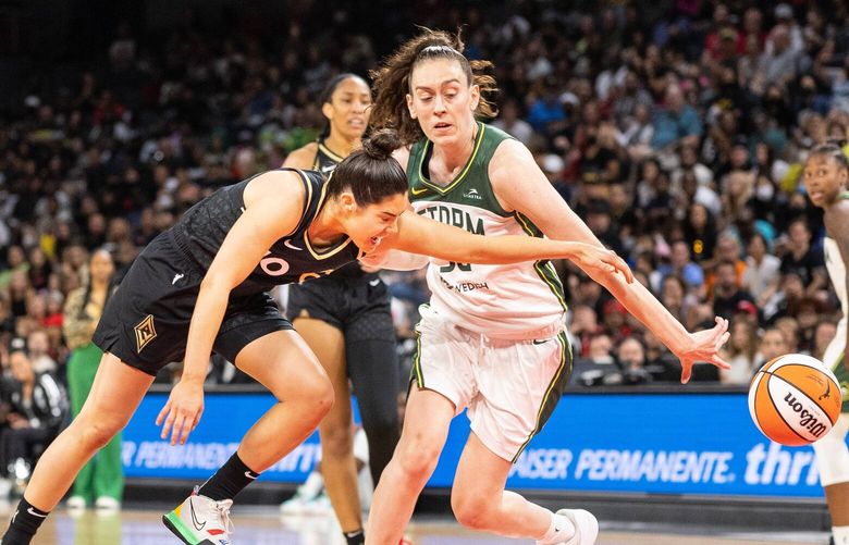 Breanna Stewart denies Kelsey Plum a fastbreak chance, slapping the ball away in the lane in the third quarter.

The Seattle Storm played the Las Vegas Aces in Game 1 of the WNBA Championship Semifinals Sunday, August 28, 2022, at the Michelob Ultra Arena in Las Vegas, NV. 221408