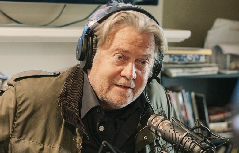 Steve Bannon records a segment of the radio show “War Room” in his home in Washington, Oct. 23, 2019. The new radio show featuring Bannon and some Trump loyalists aims to add to the messaging in defense of the president. (Justin T. Gellerson/The New York Times) XNYT153 XNYT153