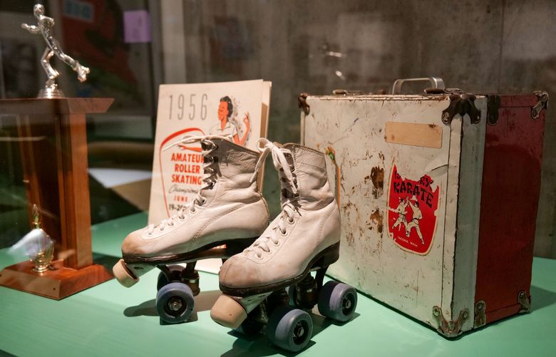 Skates, program, and trophy from the mid-century competitive skating era. Contributed
by the Eckroth family who operated King’s Roller rink in Tacoma until 1963. (Courtesy Washington State History Museum)