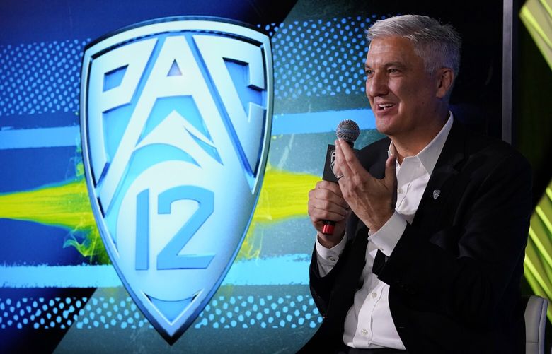 Pac-12 Commissioner George Kliavkoff fields questions during the Pac-12 Conference NCAA college football Media Day Tuesday, July 27, 2021, in Los Angeles. (AP Photo/Marcio Jose Sanchez)