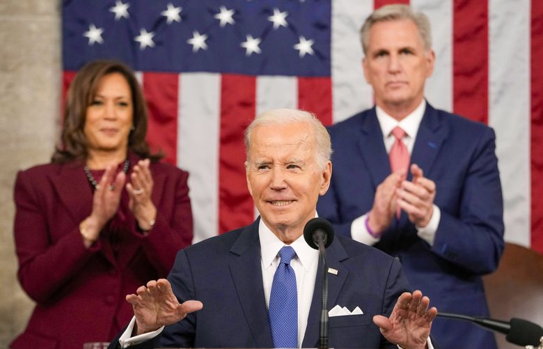 President Joe Biden delivers the State of the Union address to a joint session of Congress at the U.S. Capitol, Tuesday, Feb. 7, 2023, in Washington, as Vice President Kamala Harris and House Speaker Kevin McCarthy of Calif., applaud. (AP Photo/Jacquelyn Martin, Pool) POW114 (Jacquelyn Martin / AP)