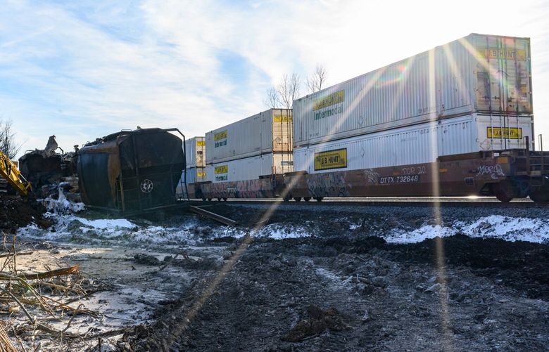 Scenes from train derailment in East Palestine, Ohio, on Feb. 14. MUST CREDIT: Photo for The Washington Post by Rebecca Kiger.