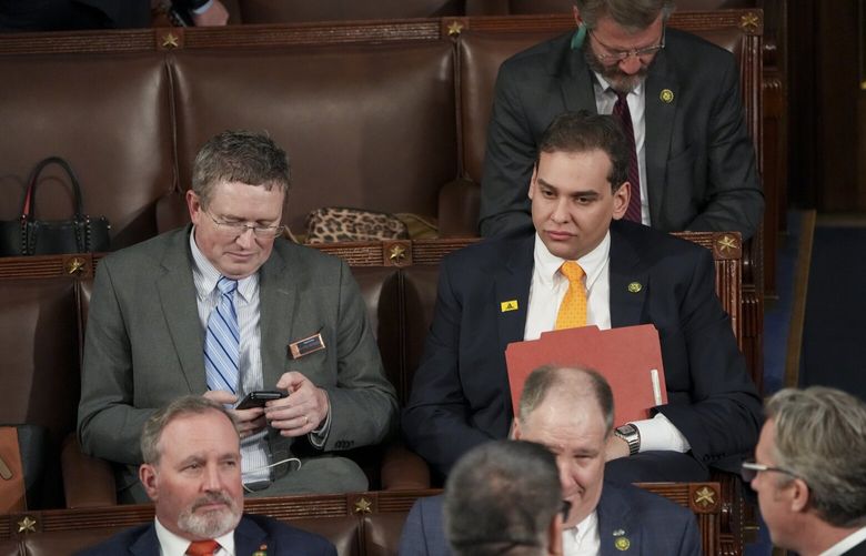 FILE — Rep. George Santos (R-N.Y.) during the State of the Union address in the U.S. Capitol, on Feb. 7, 2023. A letter to ethics watchdogs in the House of Representatives questioned if Santos’s seven-year marriage was a scheme to aid a woman’s immigration bid. (Haiyun Jiang/The New York Times) XNYTF XNYTF