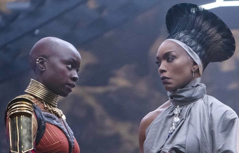 Danai Gurira as Okoye, left, and Angela Bassett as Ramonda in Marvel Studios’ Black Panther: Wakanda Forever.