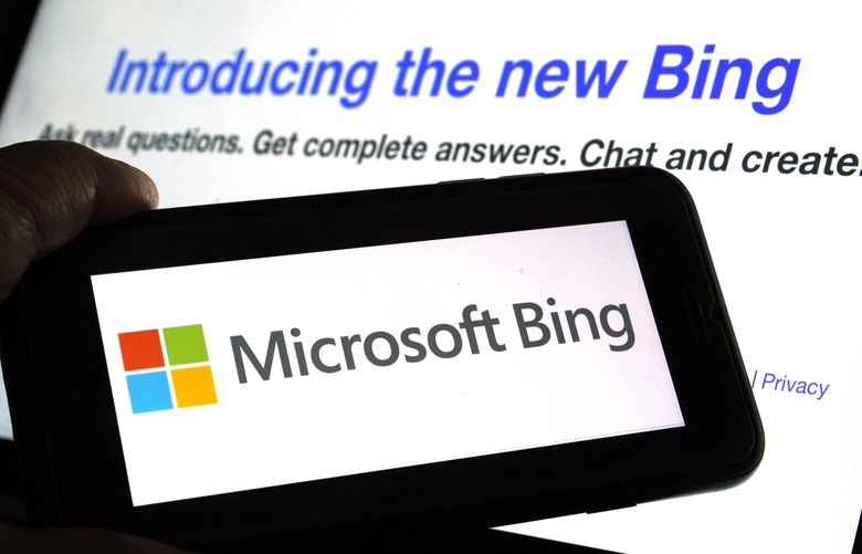 The Microsoft Bing logo and the website’s page are shown in this photo taken in New York on Tuesday, Feb. 7, 2023. Microsoft is fusing ChatGPT-like technology into its search engine Bing, transforming an internet service that now trails far behind Google into a new way of communicating with artificial intelligence. (AP Photo/Richard Drew) 