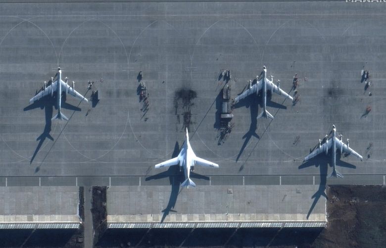 In an image from Maxar Technologies, bomber aircraft at Engels Air Base in Saratov, Russia, Dec. 4, 2022. Russia’s Defense Ministry claimed Ukrainians tried to attack the base with a drone in December.  (Satellite image ©2022 Maxar Technologies via The New York Times)  – NO SALES, EDITORIAL USE ONLY, MAXAR WATERMARK MUST NOT BE CROPPED OUT –