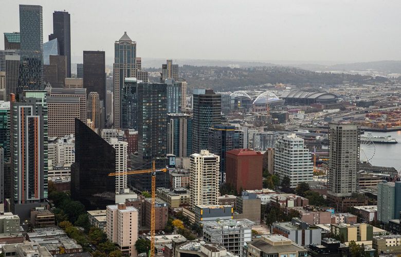 Downtown Seattle seen from atop the Space Needle on Friday, Oct. 21, 2022.