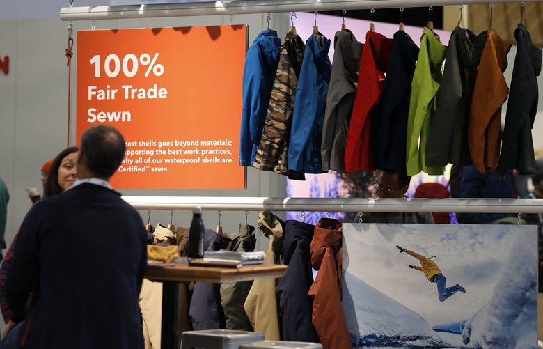 Patagonia has spent nearly 10 years working to remove toxic chemicals from its outdoor apparel, such as these jackets displayed at a 2019 trade show. Many other manufacturers are just beginning to tackle the problem as bans on “forever chemicals” loom. (David Zalubowski / The Associated Press)
