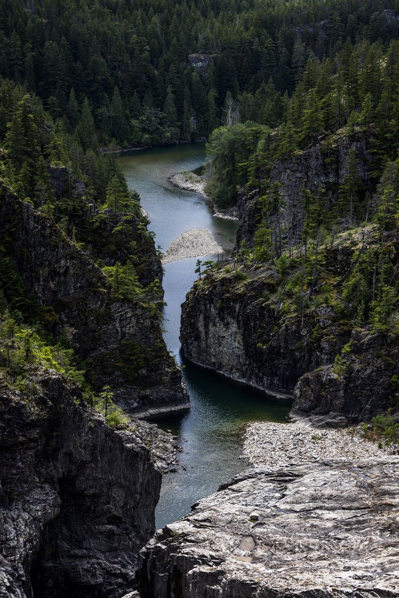 Gorge Lake wraps around the terrain where Seattle City Light aims to relicense the Ross, Diablo and Gorge dams along the Skagit River; the current license expires in 2025. (Daniel Kim / The Seattle Times)