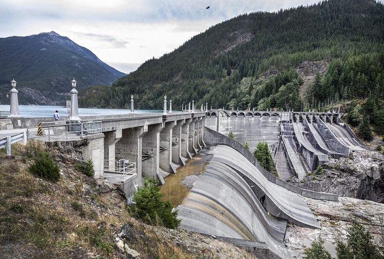 Seattle City Light&#8217;s Diablo Dam, on the Skagit River, is one of three dams undergoing a federal relicensing process as tribes — including the Sauk-Suiattle and Upper Skagit Indian Tribe — continue to raise concerns about fish passage. (Steve Ringman / The Seattle Times, 2021)