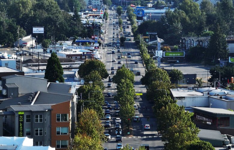 Cars stretch down the main drag on Lake City Way on Aug. 9, 2022.