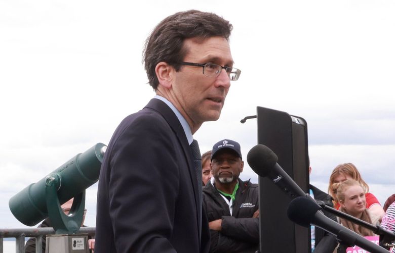 Attorney General Bob Ferguson speaks at a press conference about the leaked Supreme Court draft opinion regarding Roe v. Wade at Kerry Park in Seattle Tuesday, May 3, 2022. 220299