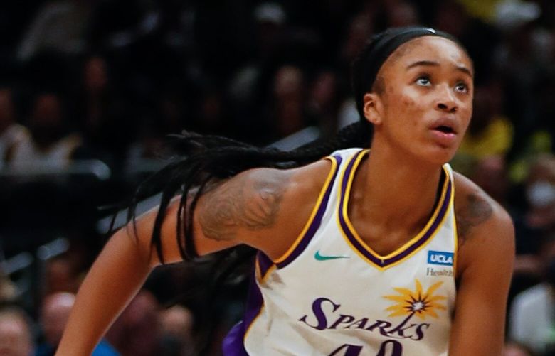 Climate Pledge Arena – Seattle Storm vs. Los Angeles Sparks – 052022
Seattle Storm forward Stephanie Talbot hits a runner in the lane as Los Angeles Sparks forward Jasmine Walker tries to catch up during the first quarter Friday, May 20, 2022, in Seattle, Wash. 220438