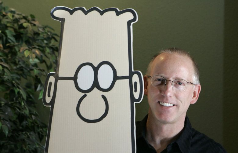 FLE – Scott Adams, creator of the comic strip Dilbert, poses for a portrait with the Dilbert character in his studio in Dublin, Calif., Oct. 26, 2006. Several prominent media publishers across the U.S. are dropping the Dilbert comic strip after Adams, its creator, described people who are Black as members of “a racist hate group” during an online video show. (AP Photo/Marcio Jose Sanchez, File) NYSS602 NYSS602