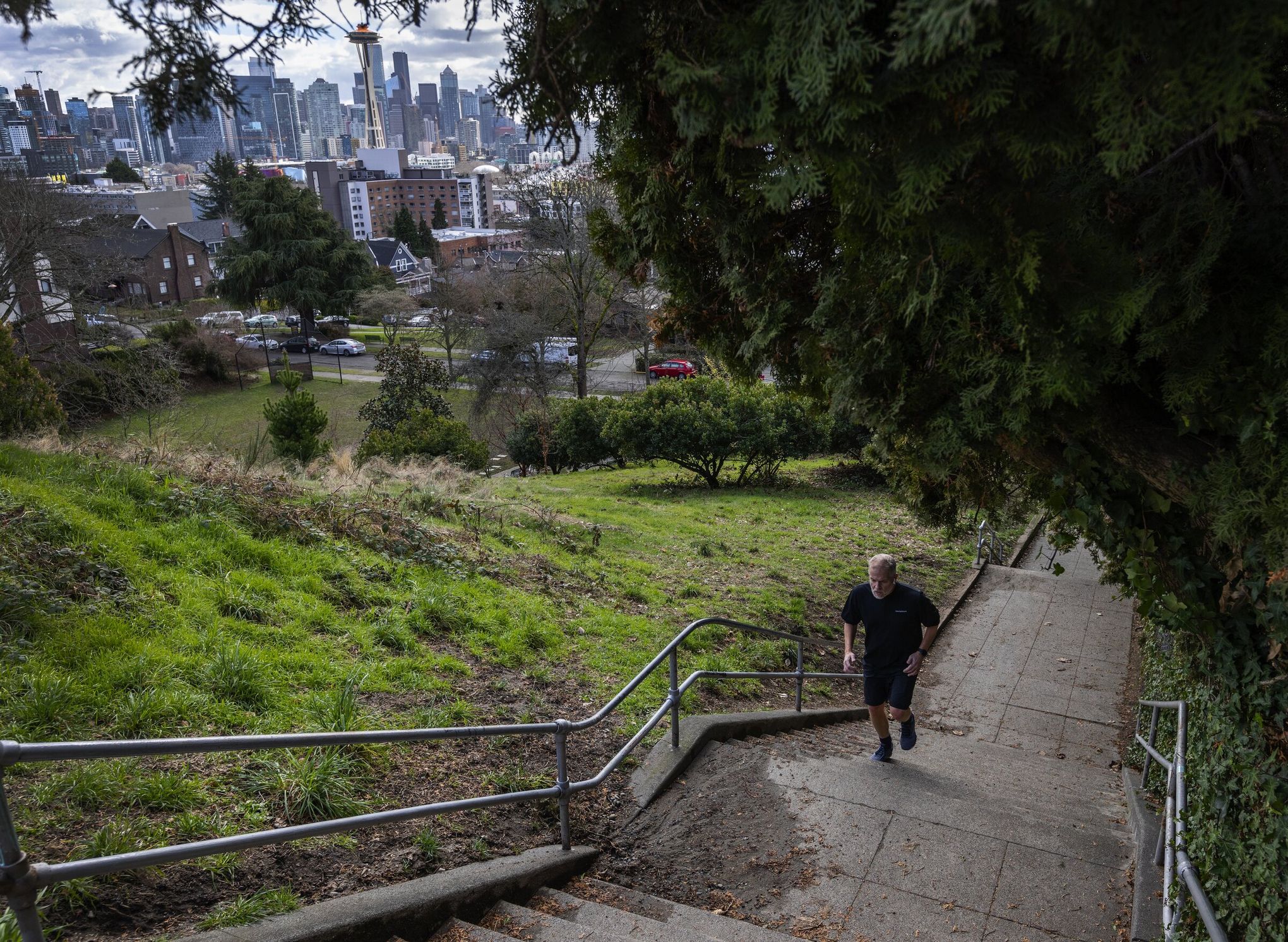 Stairs to lake on steep hill