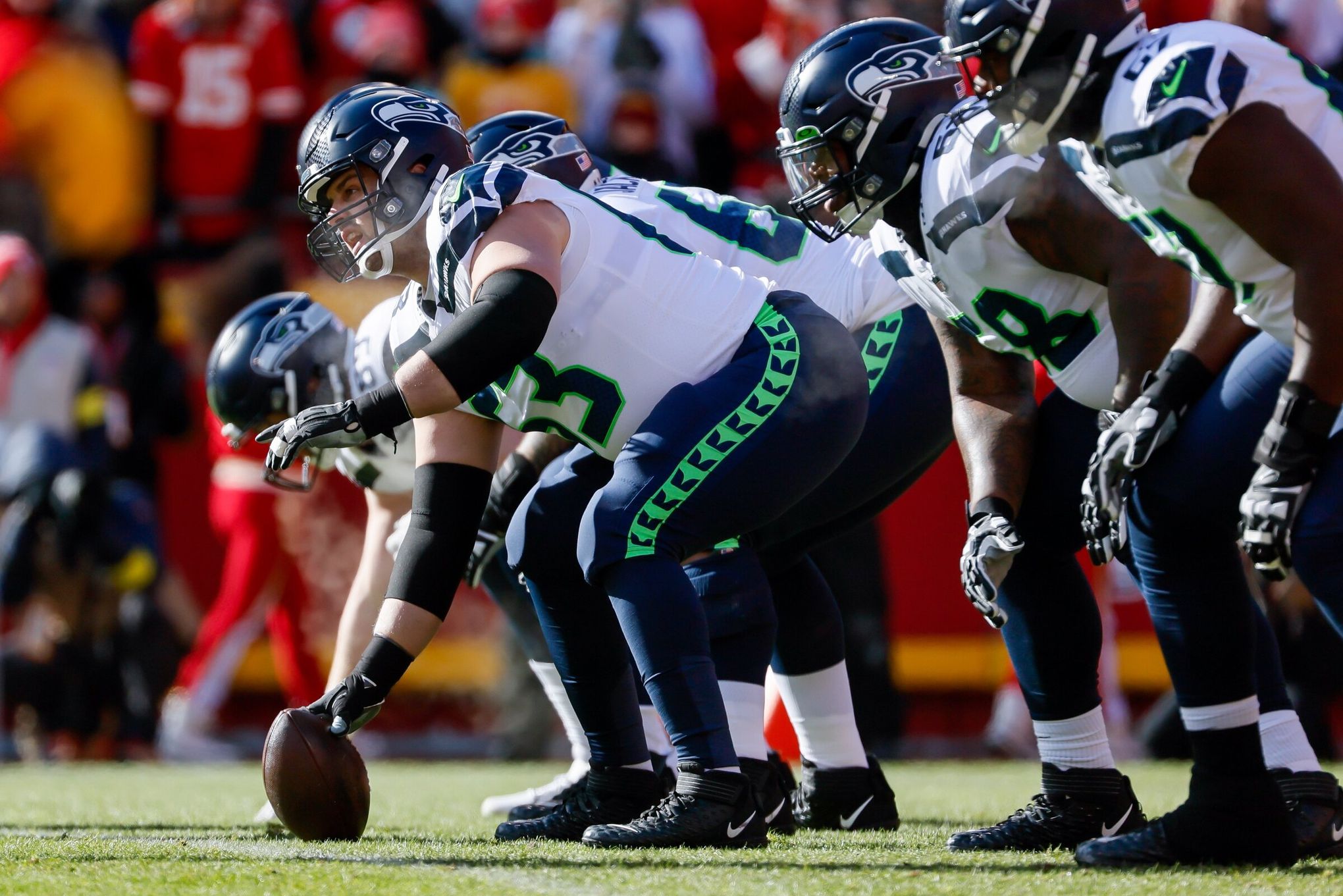 Seattle Seahawks guard Austin Blythe (63) stands on the field