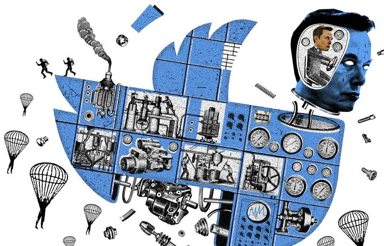 Elon Musk’s repeated job cuts are stoking new fears that there aren’t enough people to triage Twitter’s problems. Outages, bugs and other glitches are increasingly piling up. (David Plunkert/The New York Times)