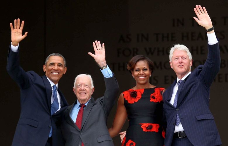 FILE — Former presidents Jimmy Carter and Bill Clinton join President Barack Obama and first lady Michelle Obama at a ceremony commemorating the 50th Anniversary of the March on Washington for Jobs and Freedom, at the Lincoln Memorial in Washington, Aug. 28, 2013. The enduring Black support for Carter in both of his presidential campaigns illuminates two intertwined and epochal American stories, each of them powered by themes of pragmatism and redemption. (Doug Mills/ The New York Times)