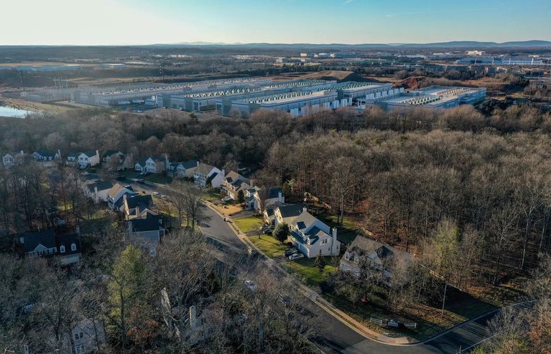 Amazon Web Services data centers, top center, near the Great Oak neighborhood in Prince William County. (Washington Post photo by Jahi Chikwendiu)