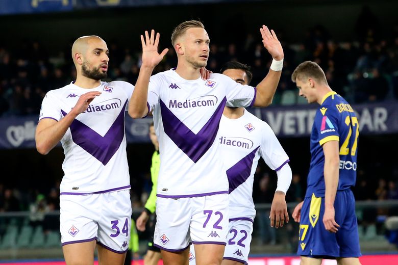 Fiorentina's Antonin Barak celebrates scoring during the Europa