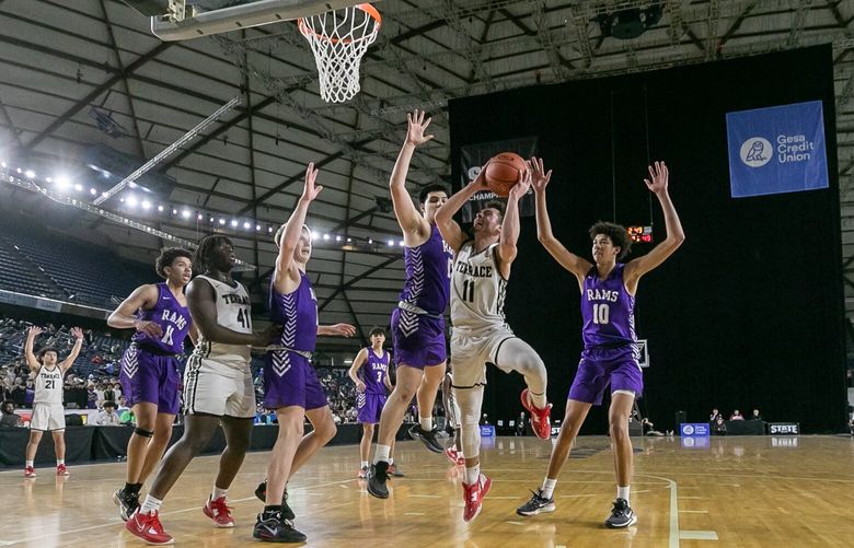 Mountlake Terrace’s Chris Meegan is all alone for an open shot against North Thurston Wednesday afternoon during the 2023 Hardwood Classic in Tacoma, Washington on March 1, 2023. Mountlake Terrace won 58-53 to advance.
