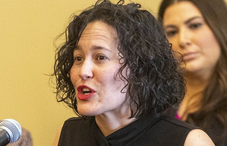 Annabel Sheinberg, from Planned Parenthood, speaks during a news conference Wednesday, March 1, 2023, in Salt Lake City, to discuss the bills being considered by state legislature that would limit abortion access in Utah. (Rick Egan/The Salt Lake Tribune via AP) UTSAC206 UTSAC206