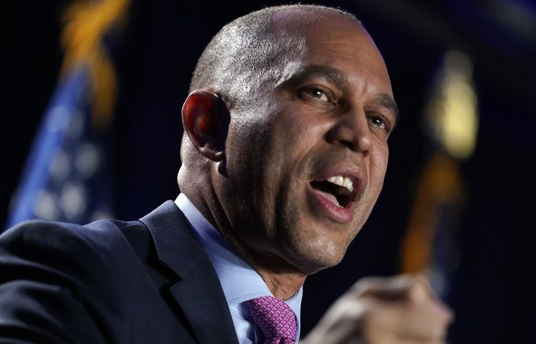House Minority Leader Hakeem Jeffries of N.Y., speaks before President Joe Biden at the House Democratic Caucus Issues Conference, Wednesday, March 1, 2023, in Baltimore. (AP Photo/Evan Vucci) MDEV302 MDEV302