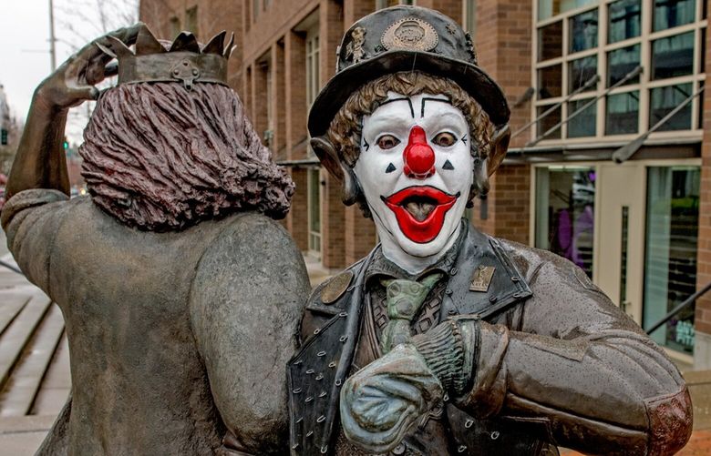 NOW: A bronze statue of beloved TV clown J.P. Patches in Fremont do-si-do-ing with partner Gertrude. Their theme songs: a divinely silly William Tell Overture/”Dance of the Hours” medley performed by Spike Jones.