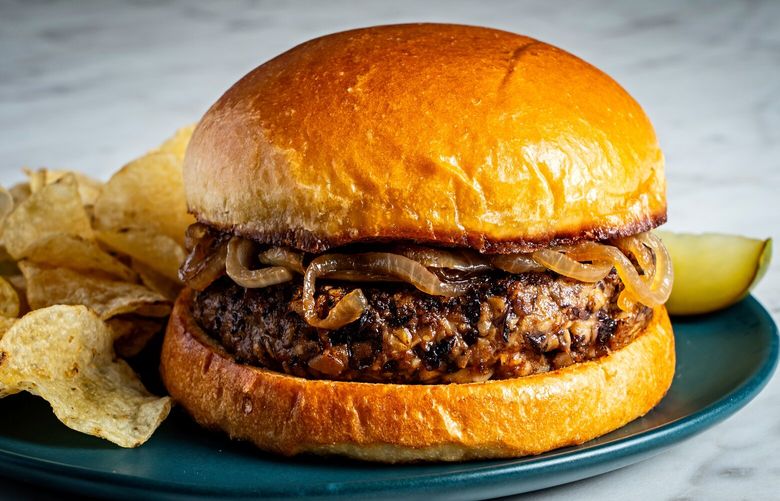 Mushroom and Black Bean Burgers With Balsamic-Glazed Onions. MUST CREDIT: Photo by Scott Suchman for The Washington Post.