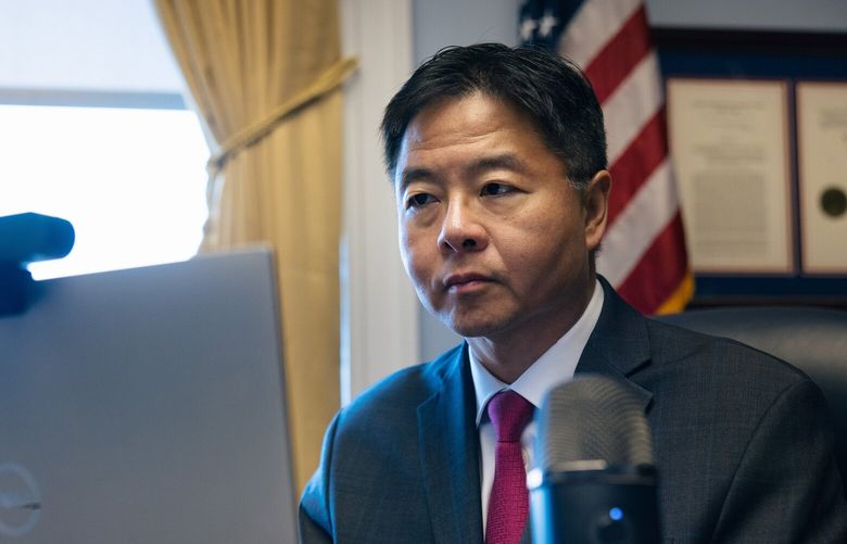 Rep. Ted Lieu (D-Calif.) at his office in the Rayburn House Office Building in Washington, March 1, 2023. Lieu plans to introduce a bill this year for a commission to study artificial intelligence and for a new agency to regulate it. (Alyssa Schukar/The New York Times) 