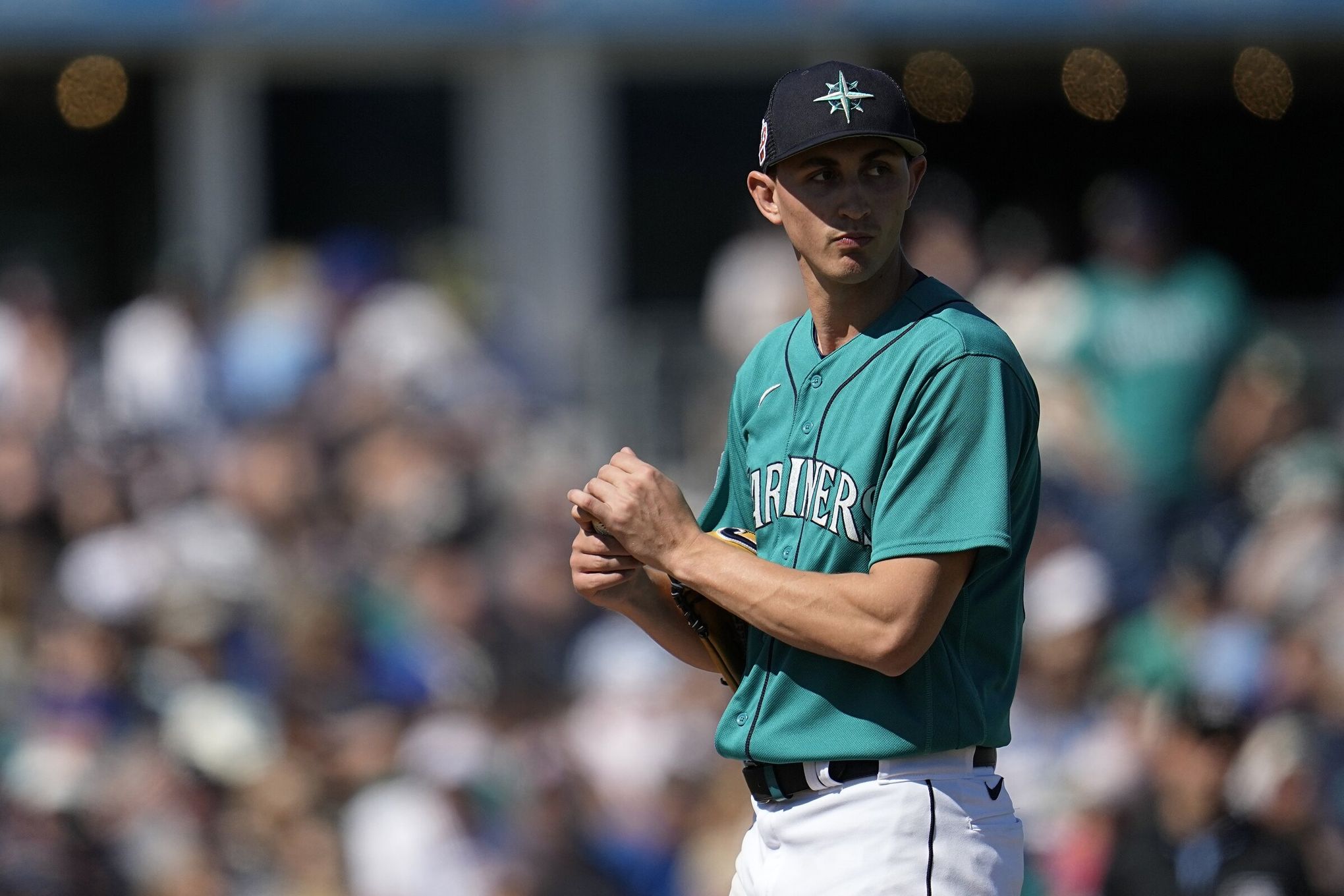 Seattle Mariners starting pitcher George Kirby (68) delivers during the  first inning of a spring training baseball game against the Colorado  Rockies, Saturday, March 4, 2023, in Peoria, Ariz. (AP Photo/Abbie Parr