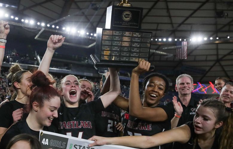 Eastlake celebrates its  win over Camas at the Tacoma Dome Saturday night during the 4A girls championship game in Tacoma, Washington on March 4, 2023. Eastlake won 48-41