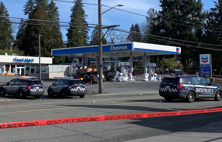 Police investigate the scene of an officer-involved shooting at NE 145th St. and 17th Ave NE in Shoreline Sunday, March 5, 2023.