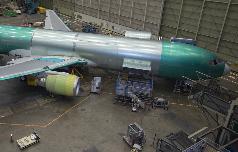 A Boeing 767-300F is built for FedEx at the Everett factory, Wednesday, Jan. 26, 2022. 219398