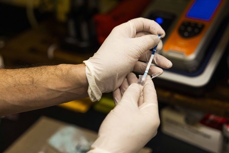 An investigator for King County uses a fentanyl test strip