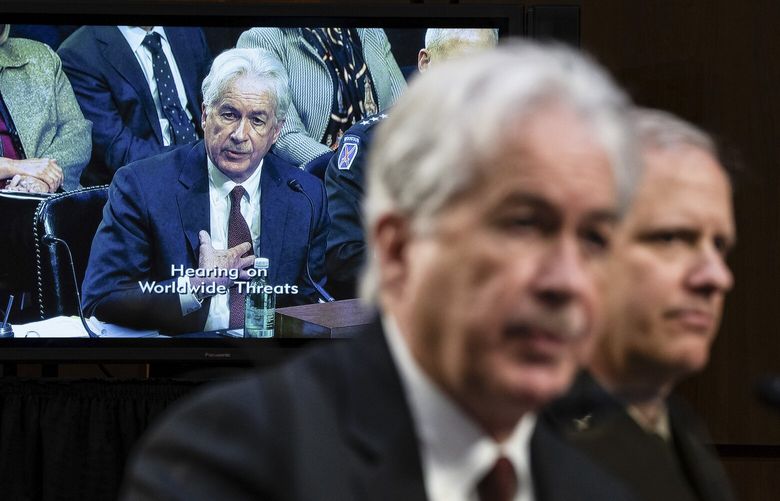 William Burns, director of the CIA, is displayed on a monitor as he testifies before a Senate Intelligence Committee hearing on worldwide threats on Capitol Hill in Washington, March 8, 2023. (Haiyun Jiang/The New York Times) XNYT95 XNYT95
