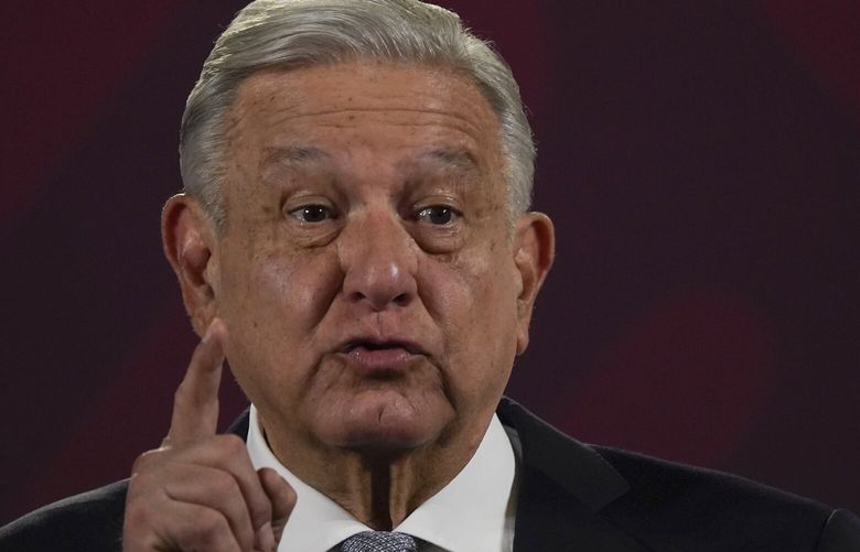 Mexican President Andres Manuel Lopez Obrador gives his regularly scheduled morning press conference at the National Palace in Mexico City, Tuesday, Feb. 28, 2023. (AP Photo/Marco Ugarte) XFLL103 XFLL103